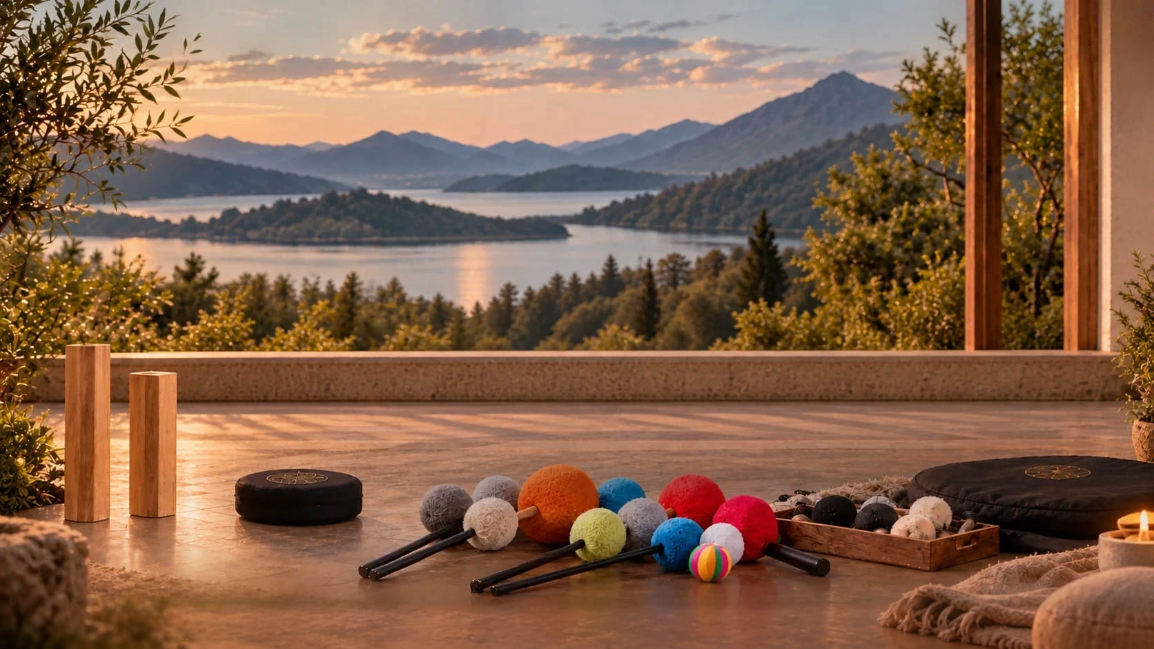 Terrasse über einem Bergsee mit Mallets, Klangschale, Sitzkissen und Klangsäulen