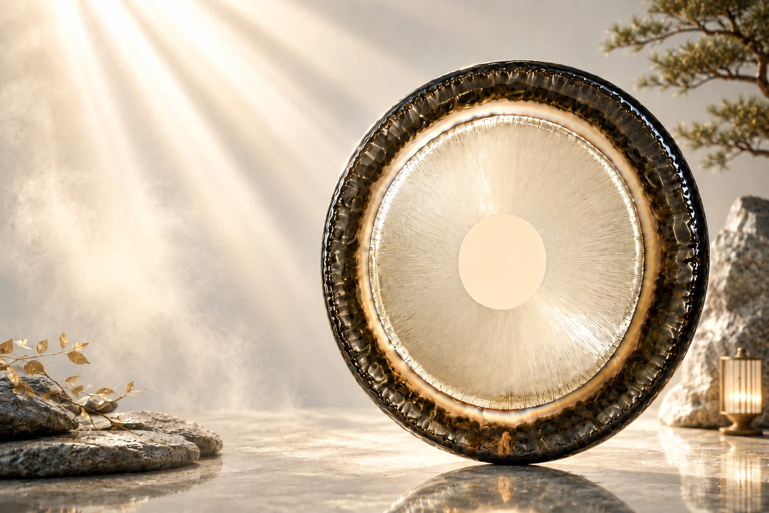 Auris Symphonic Gong, flache Scheibe mit hellem Kern im Sonnenlicht