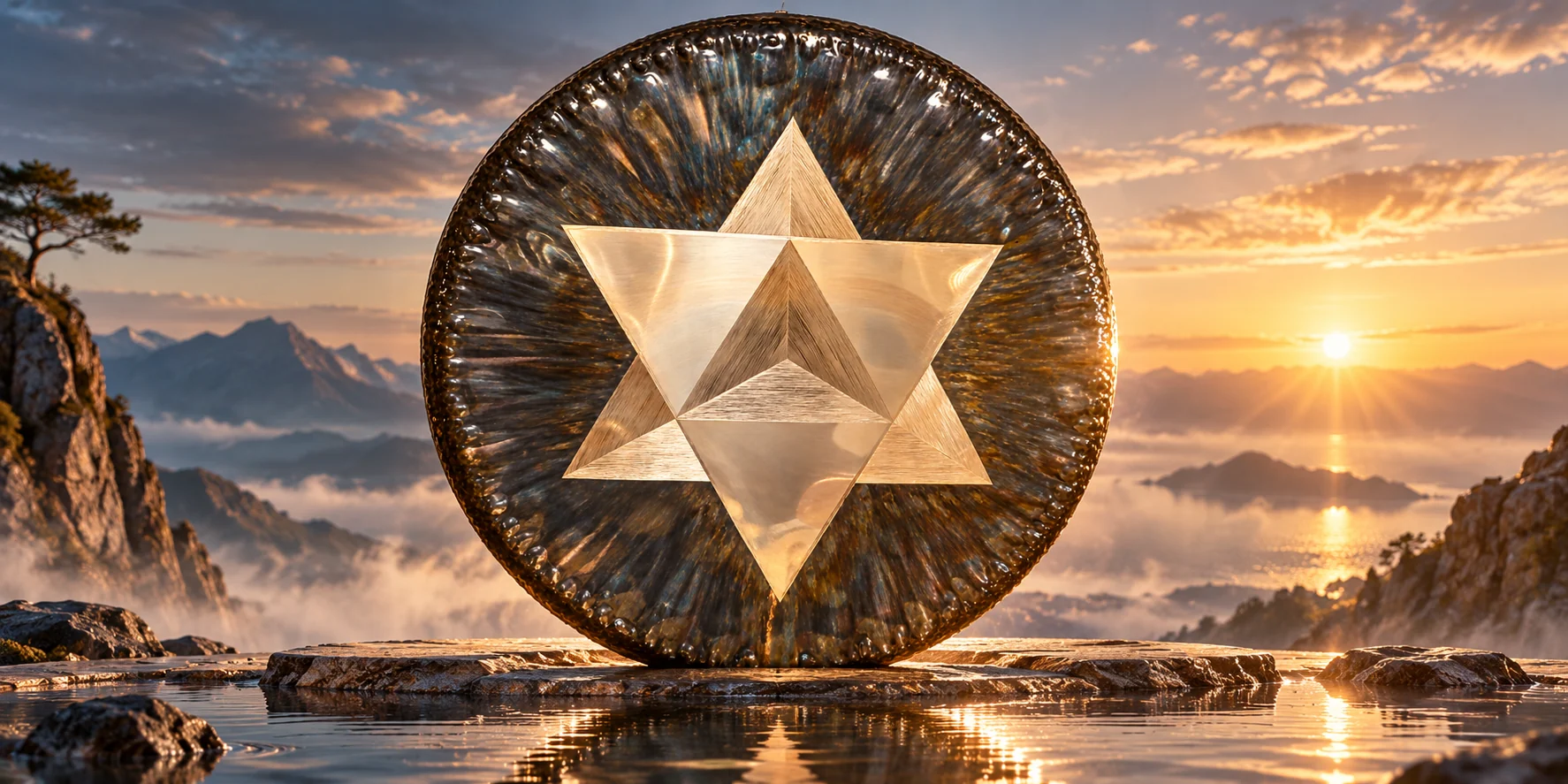 Der Oetken Merkaba Gong steht aufrecht auf einer Steinplatte über dem Wasser, in seiner Mitte leuchtet der Merkaba-Stern aus zwei ineinander gestellten Dreiecken, dahinter geht die Sonne über den Bergen unter