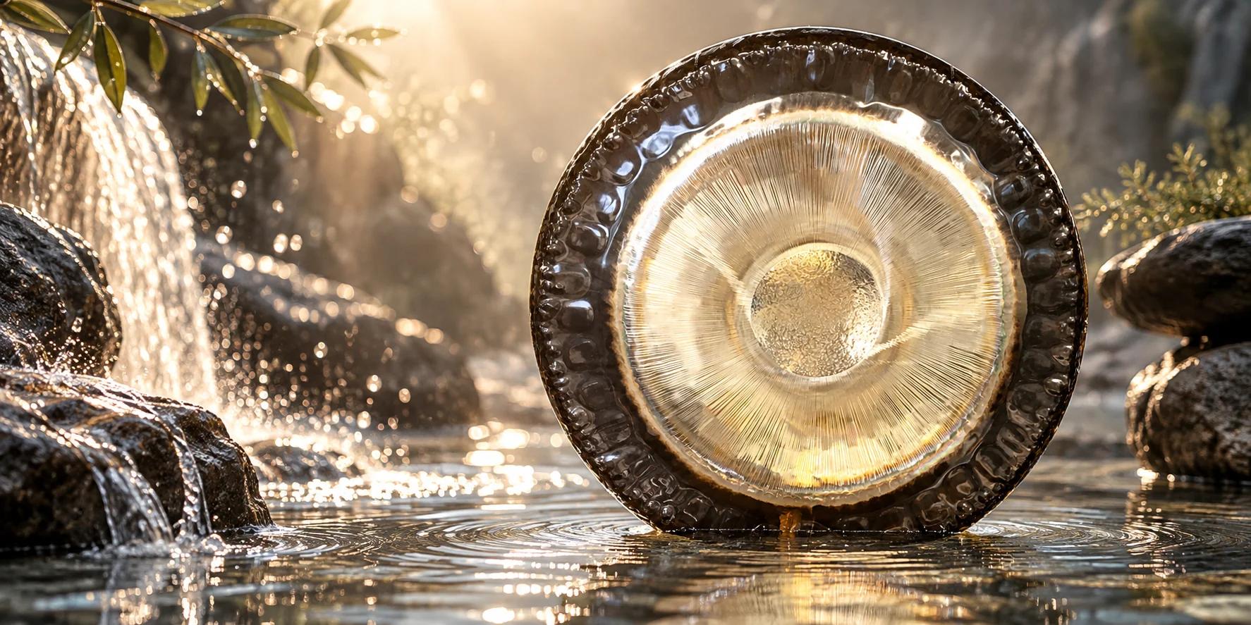 Oetken Wasser Gong, helle Scheibe am Wasserfall