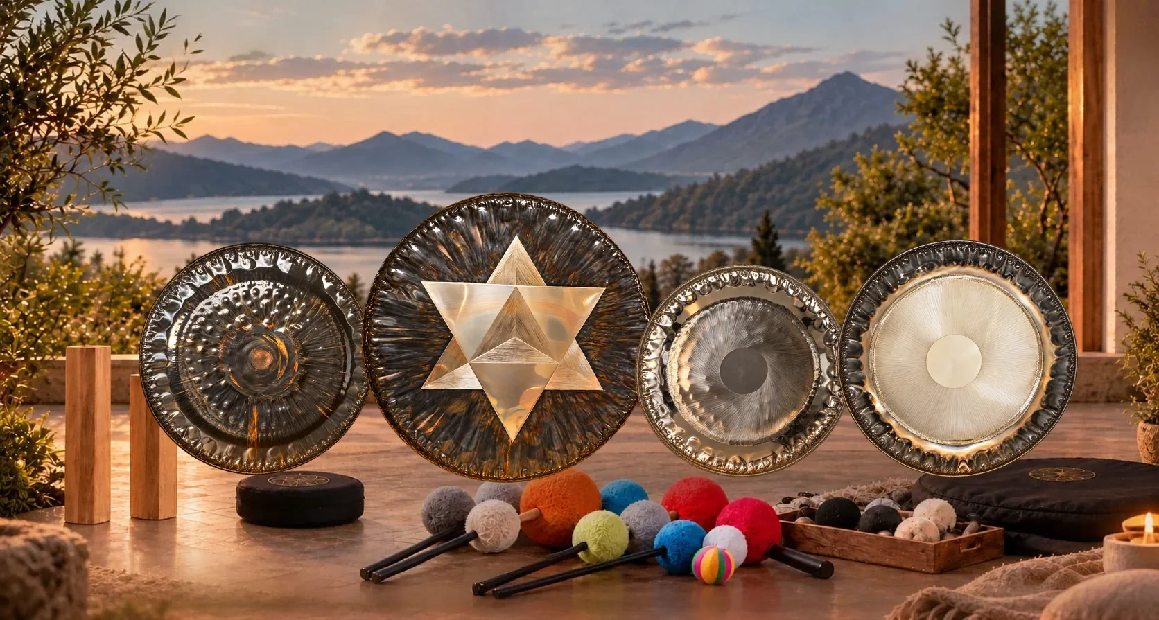 Vier Gongs nebeneinander auf einer Steinterrasse über einem Bergsee im Abendlicht, dazu zwei Holzsäulen, Mallets, ein Holzkistchen mit Malletköpfen, Sitzkissen und eine Kerze