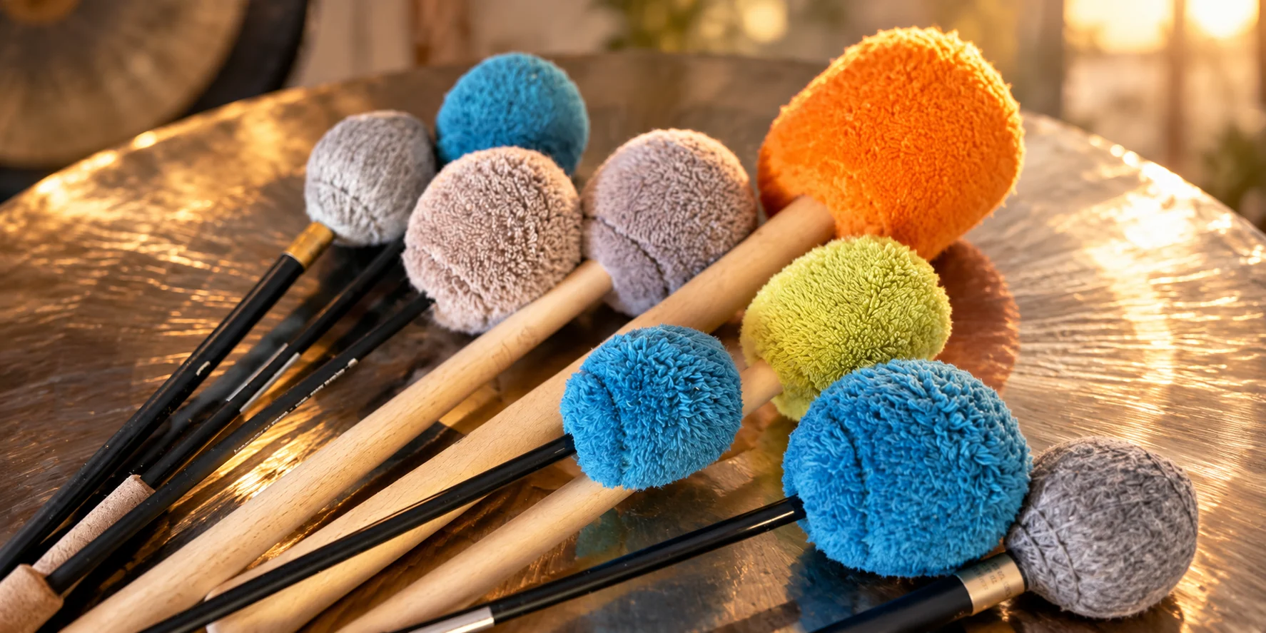 Neun Gong Mallets mit Köpfen in Grau, Beige, Blau, Grün und Orange liegen im warmen Abendlicht auf einer Gongfläche, die Stiele aus hellem Holz und schwarzem Kunststoff zeigen nach links.