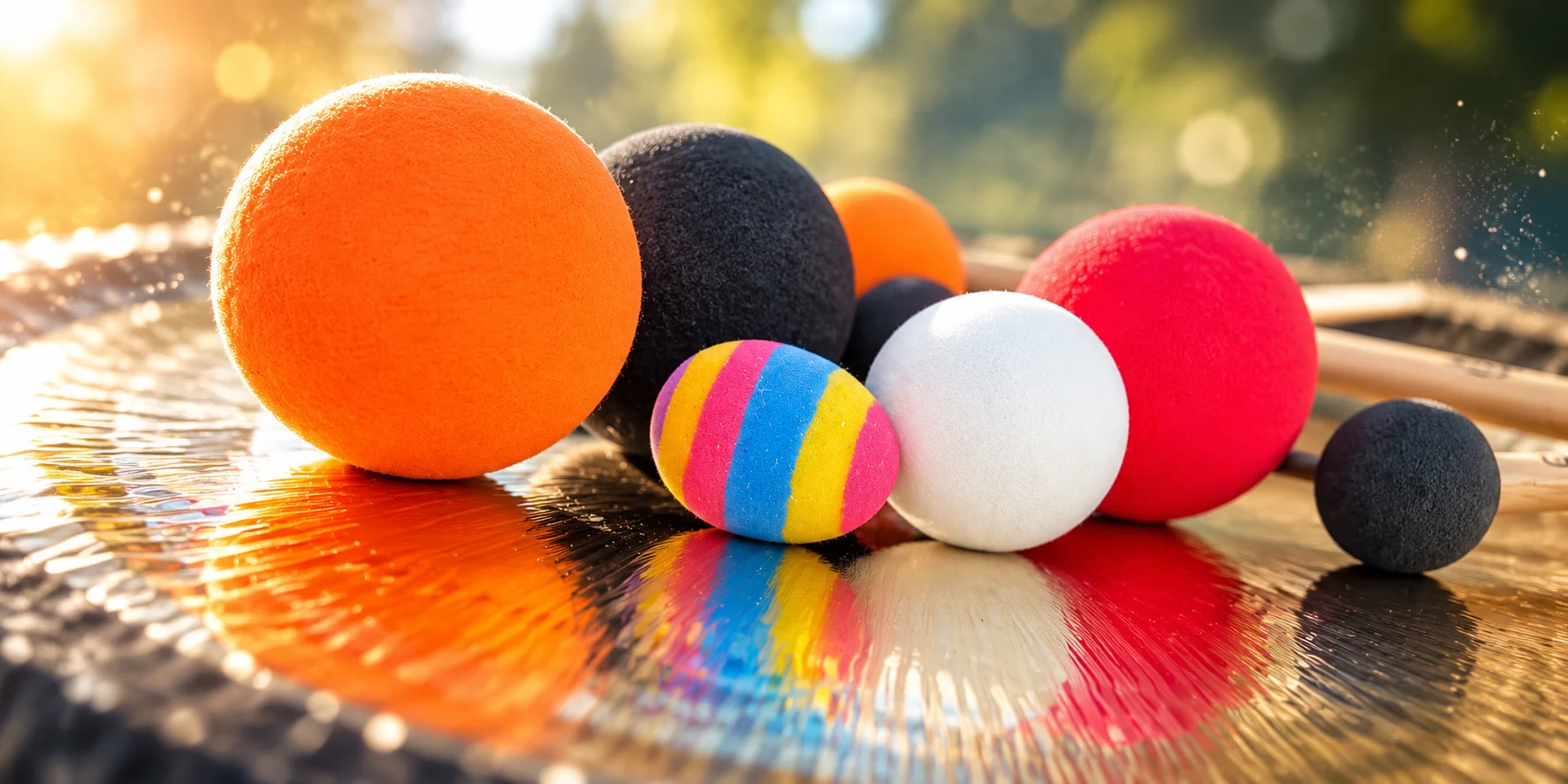 Sieben Gongreiber mit Köpfen in Orange, Schwarz, Rot, Weiß und bunten Streifen liegen im Gegenlicht auf einer Gongfläche und spiegeln sich in ihr.