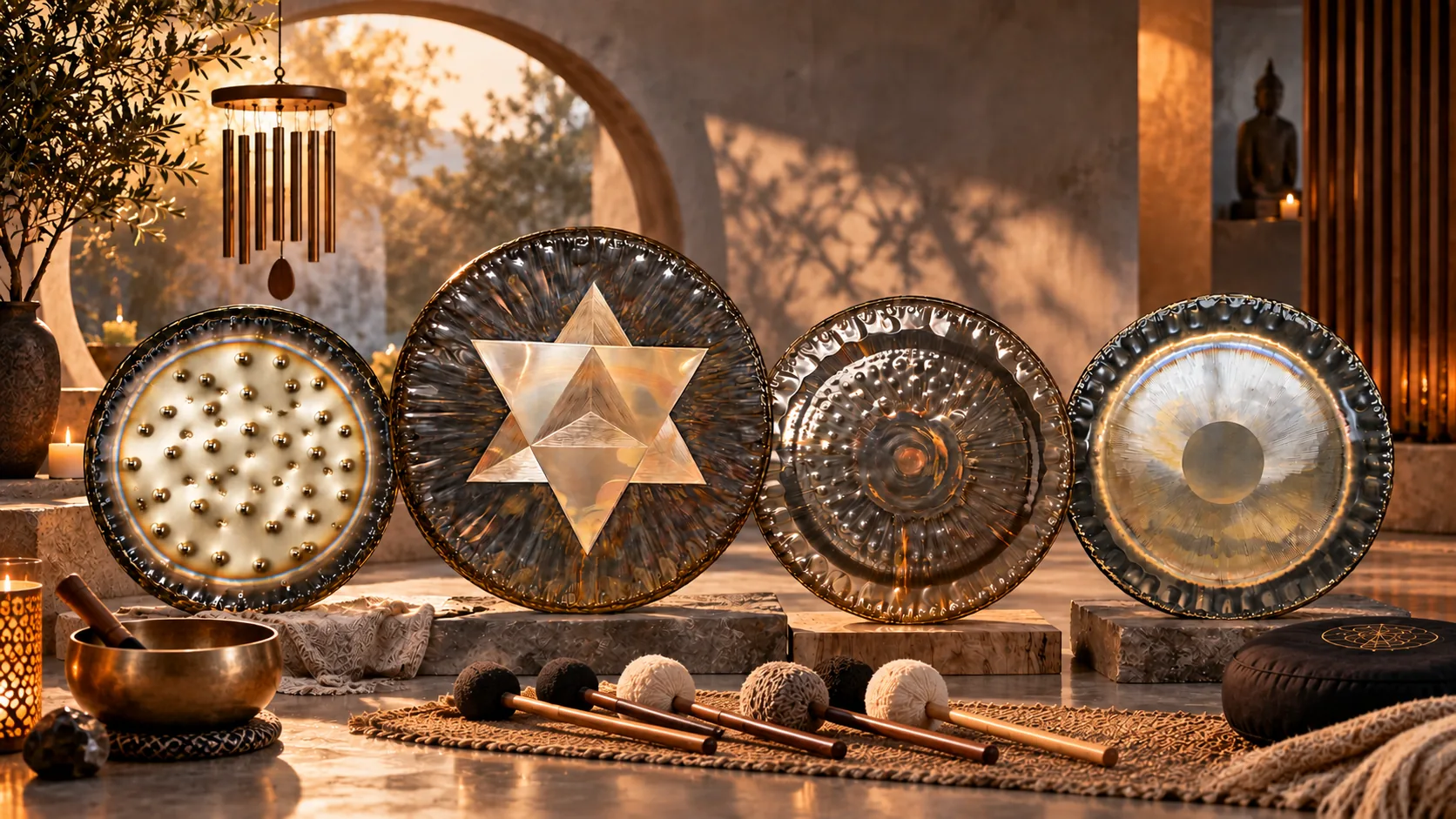 Vier Oetken Gongs nebeneinander auf einer Terrasse im Abendlicht, flache Scheiben mit gehämmertem Rand, davor Klangschale, Mallets und ein Sitzkissen