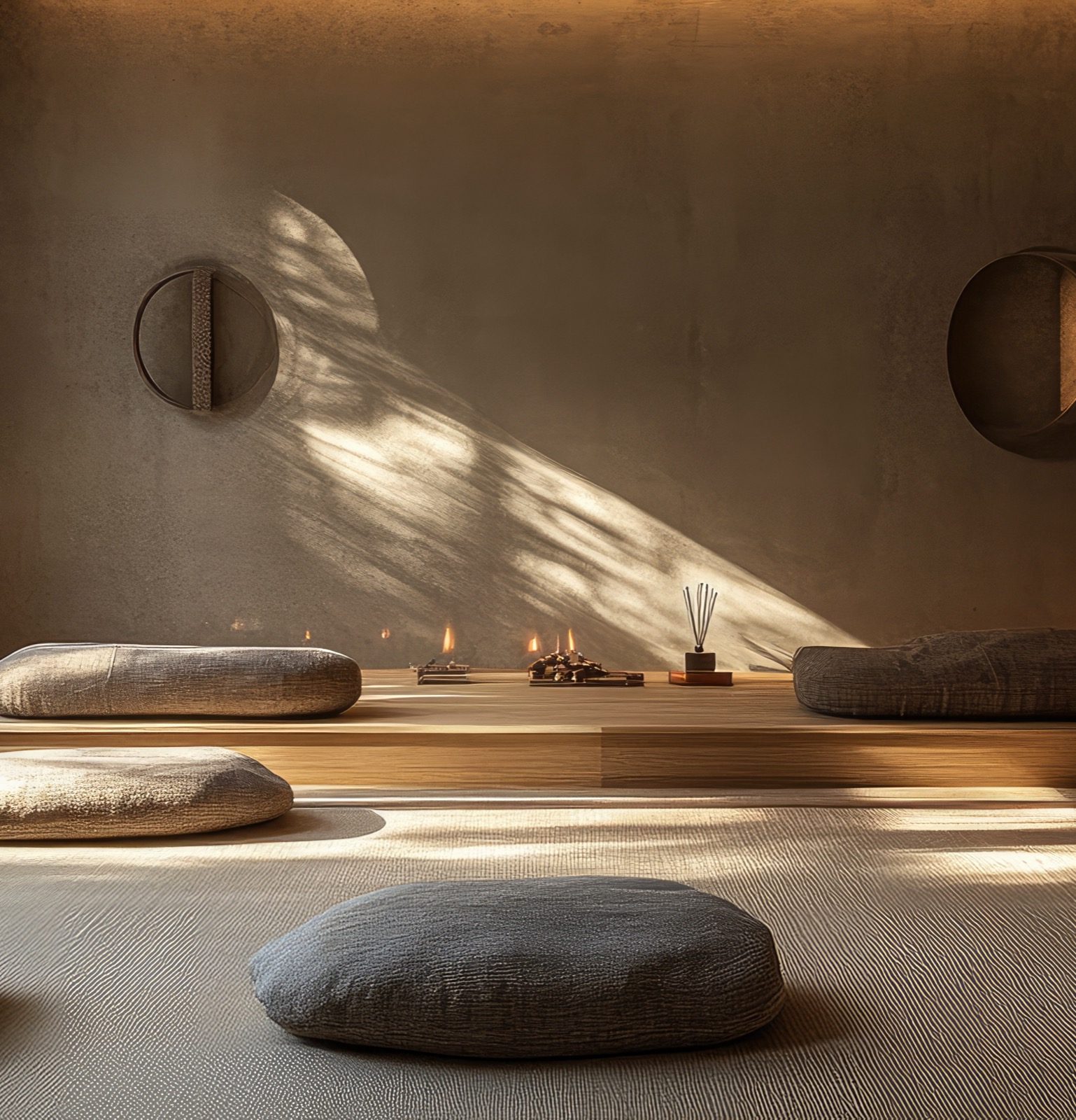 Ruhiger Meditationsraum mit Sitzkissen, Räucherstäbchen und warmem Streiflicht