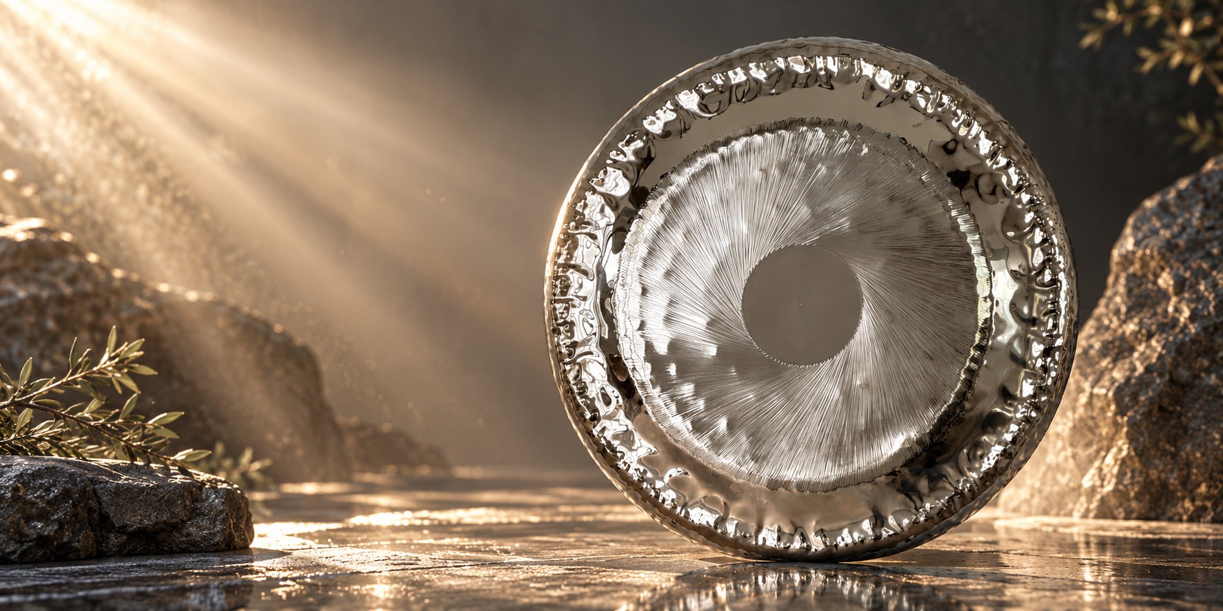 Auris Gong Speculo, helle Scheibe im Lichtstrahl vor Fels und Wasser
