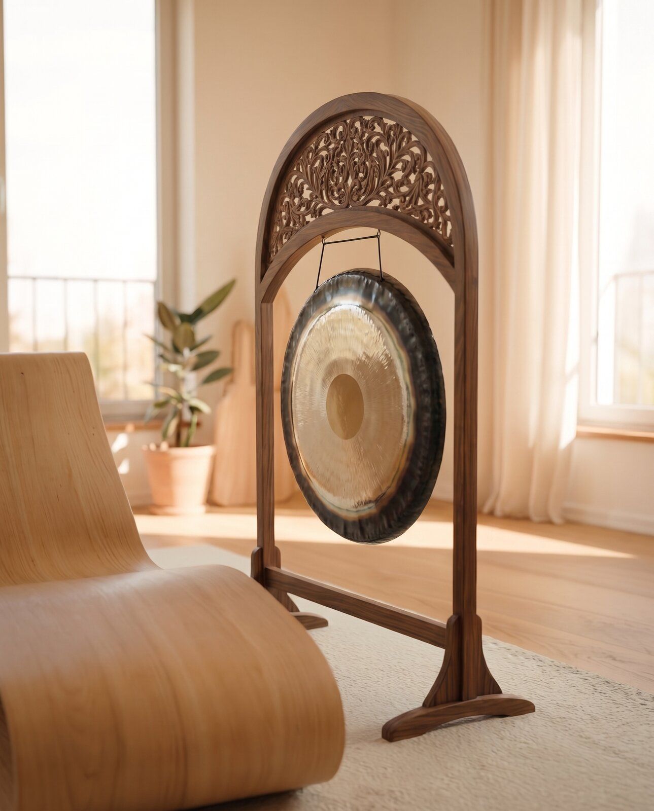 Paiste Symphonic Gong 32 Zoll auf Holzständer im Wohnraum